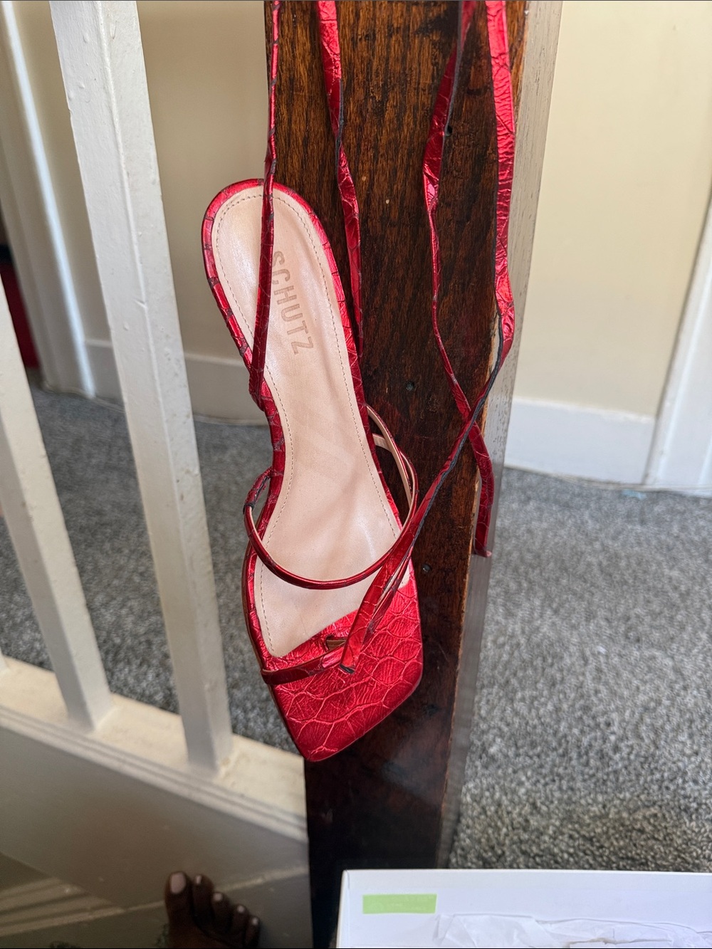 SCHUTZ Metallic Red Lace-Up Square-Toe Heels